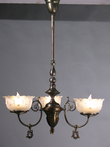 3-light Gas Chandelier w/ Pressed & Etched Glass Shades